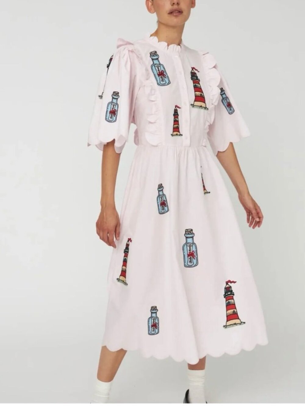 Stella Nova Pink Embroidered Light house bottles scallops midi dress size XL